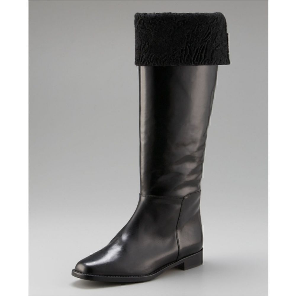 Manolo Blahnik Black Astrakhan-Cuffed Riding Boot